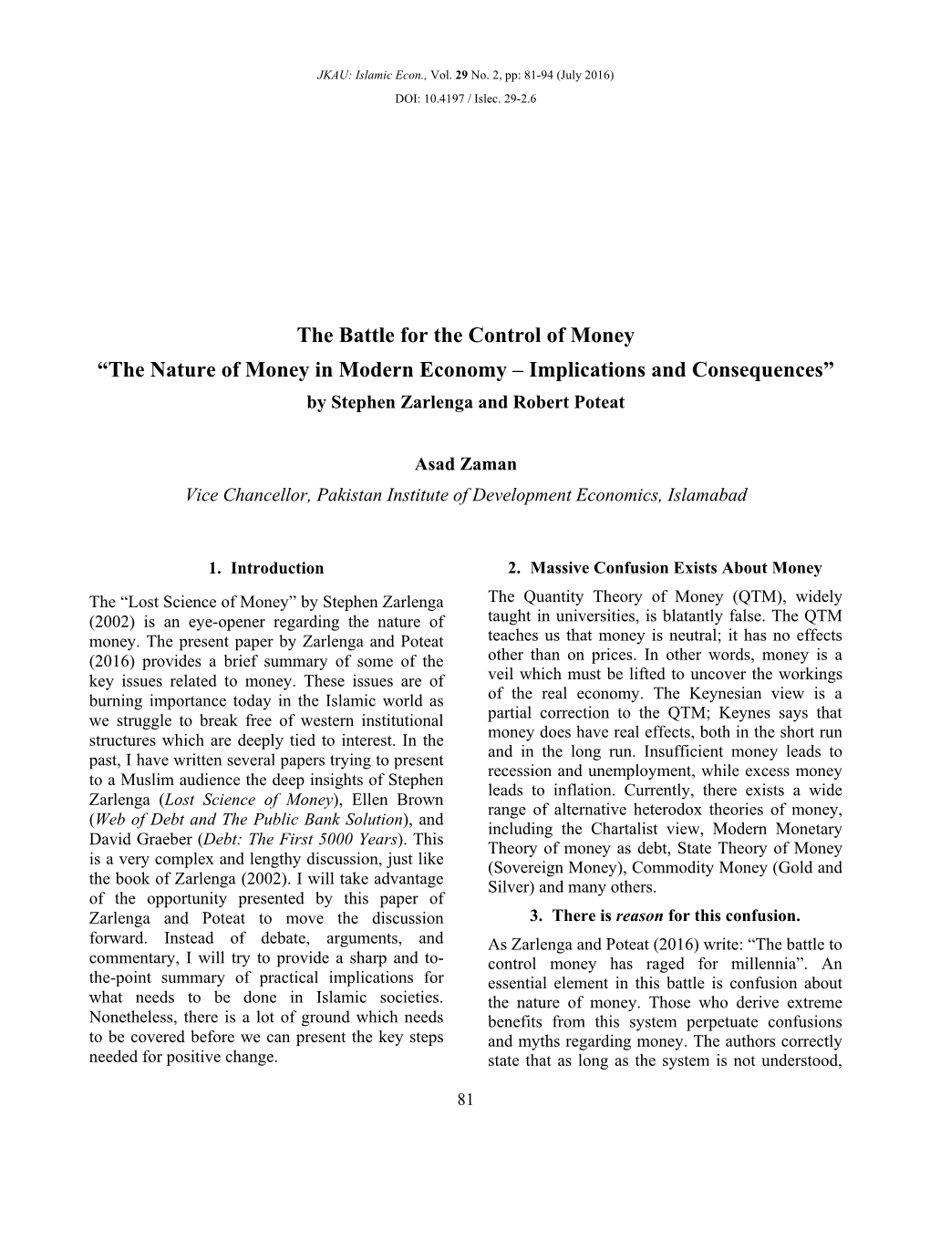 The Nature of Money in Modern Economy – Implications and Consequences” by Stephen Zarlenga and Robert Poteat
