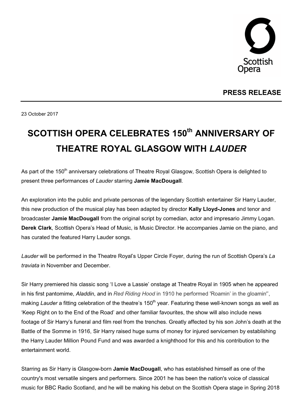 Scottish Opera Celebrates 150 Anniversary of Theatre