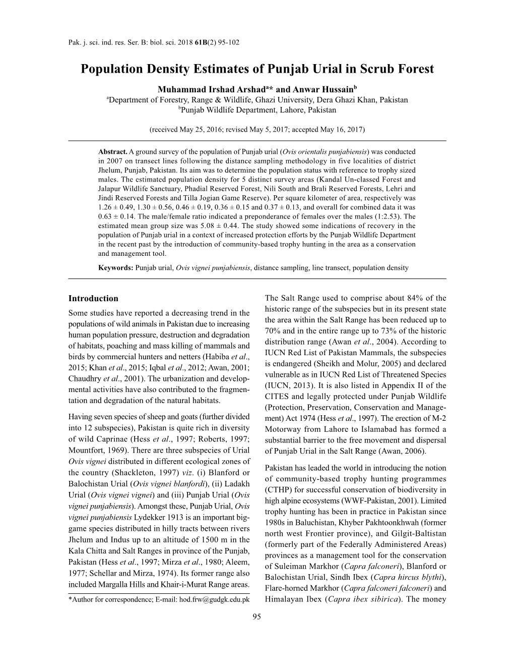 Population Density Estimates of Punjab Urial in Scrub Forest