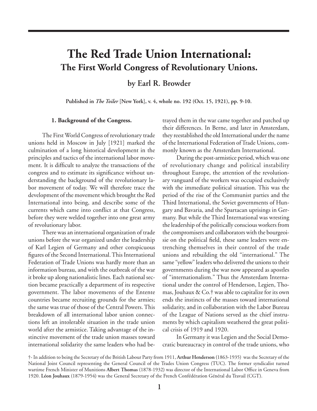 The Red Trade Union International: the First World Congress of Revolutionary Unions