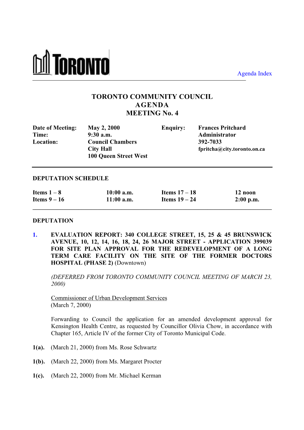 TORONTO COMMUNITY COUNCIL AGENDA MEETING No. 4