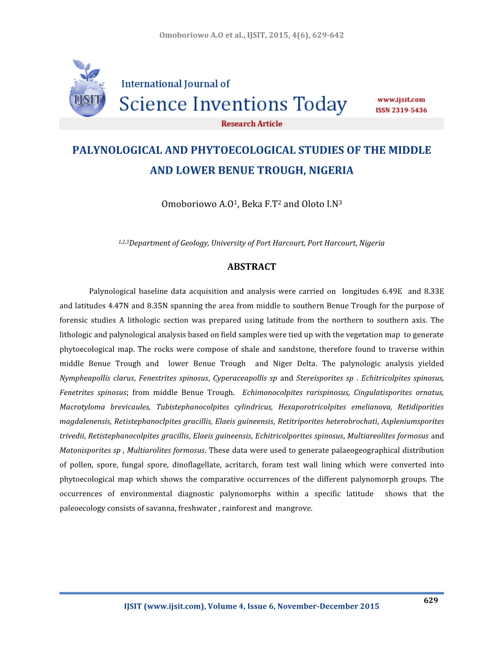 Palynological and Phytoecological Studies of the Middle and Lower Benue Trough, Nigeria