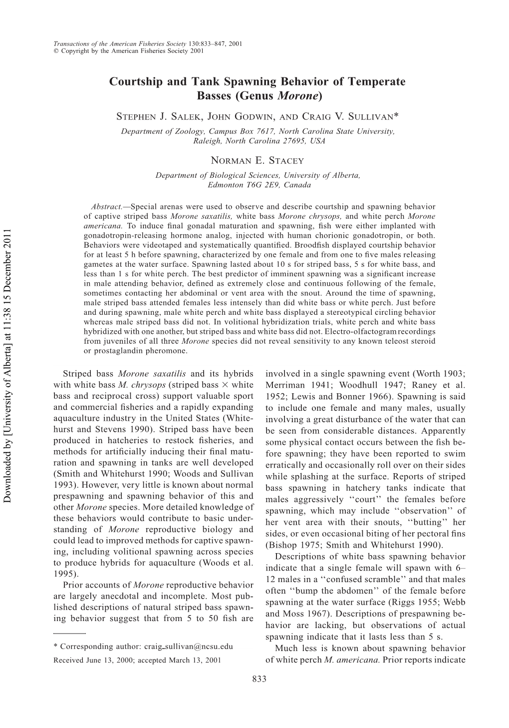 Courtship and Tank Spawning Behavior of Temperate Basses (Genus Morone)