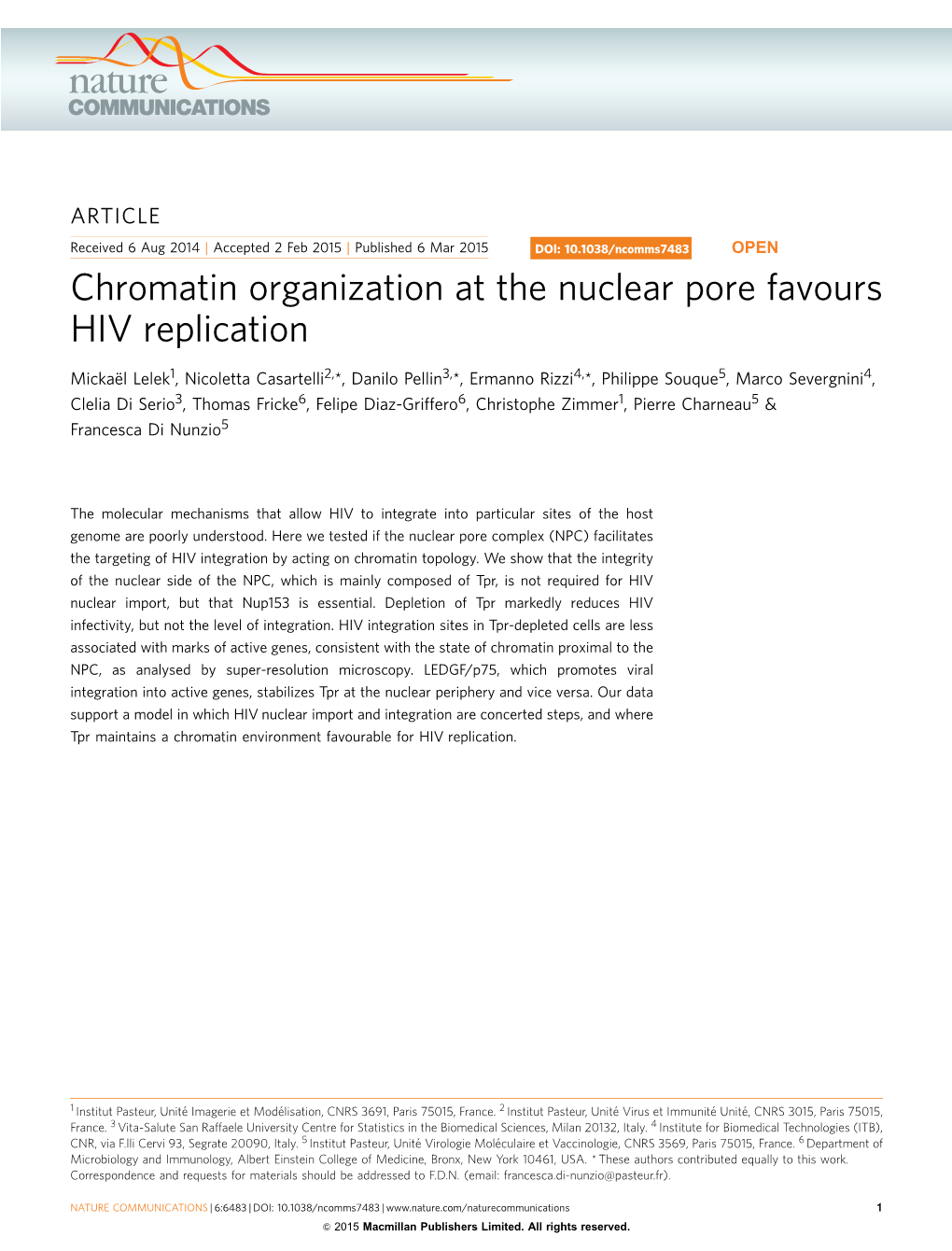 Chromatin Organization at the Nuclear Pore Favours HIV Replication