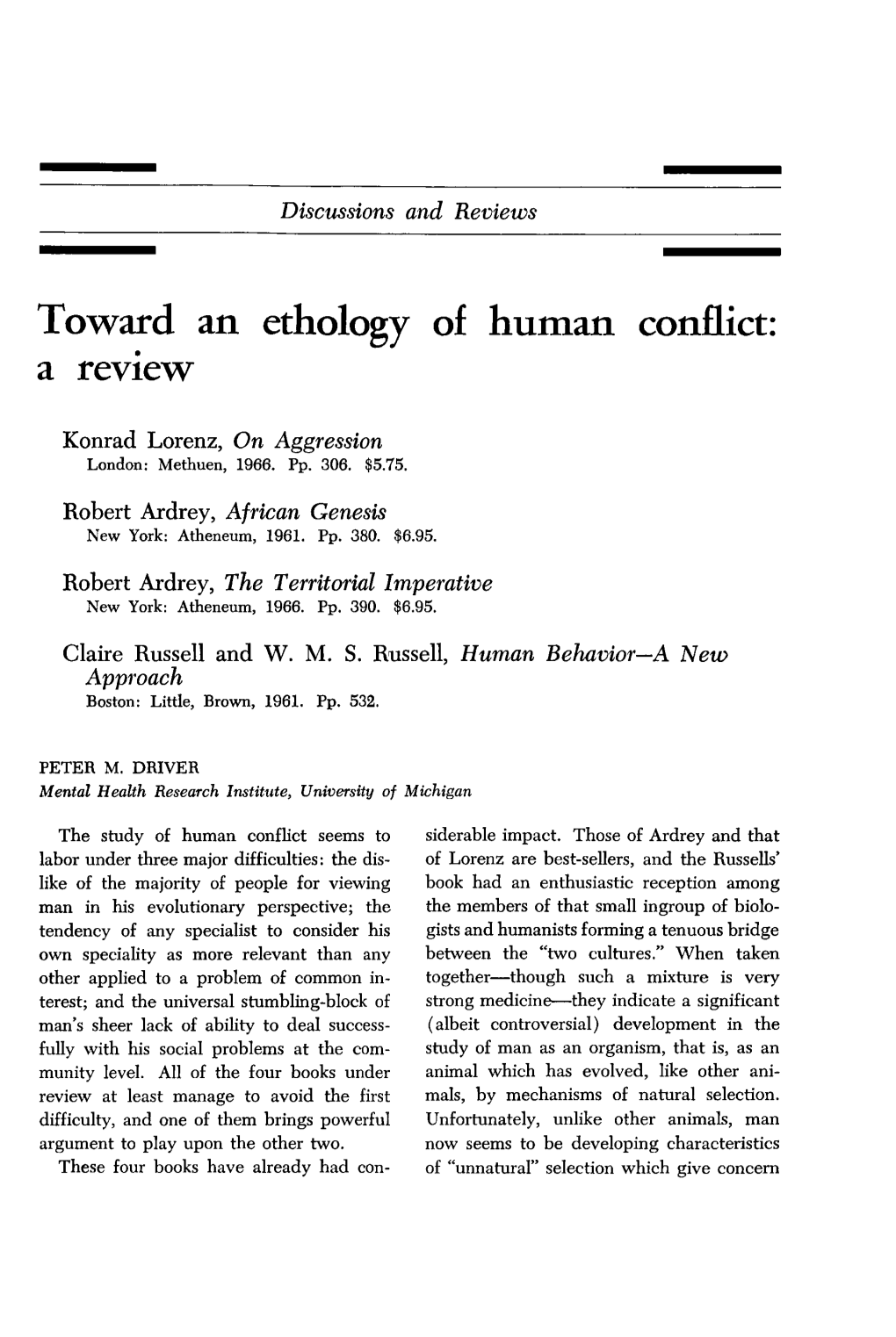 Toward an Ethology of Human Conflict: a Review