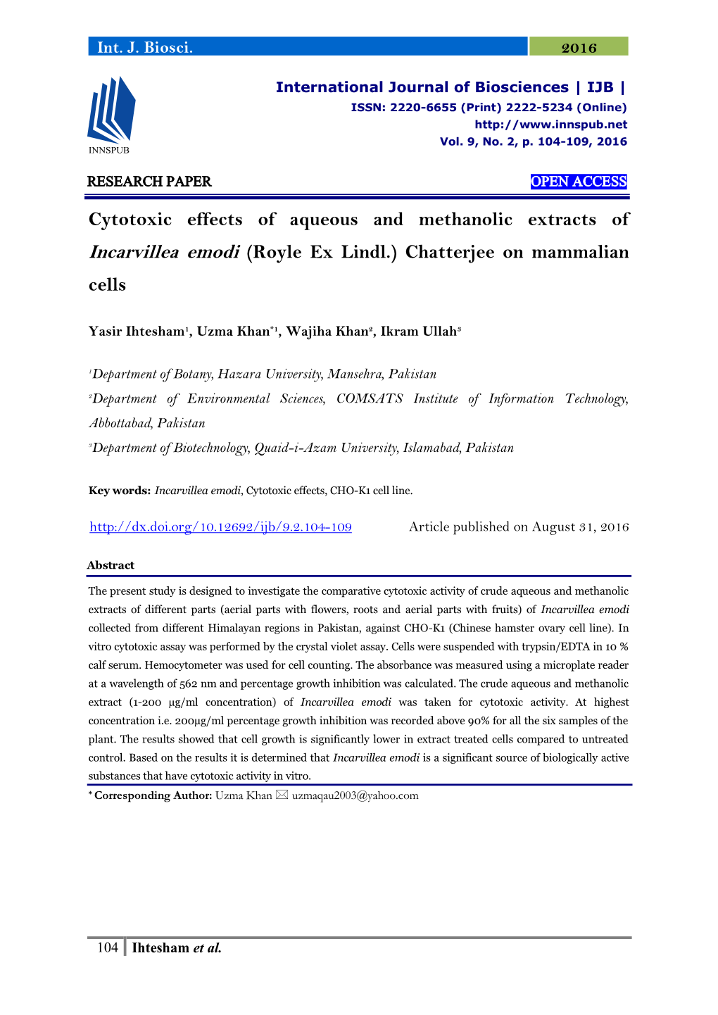 Cytotoxic Effects of Aqueous and Methanolic Extracts of Incarvillea Emodi (Royle Ex Lindl.) Chatterjee on Mammalian Cells