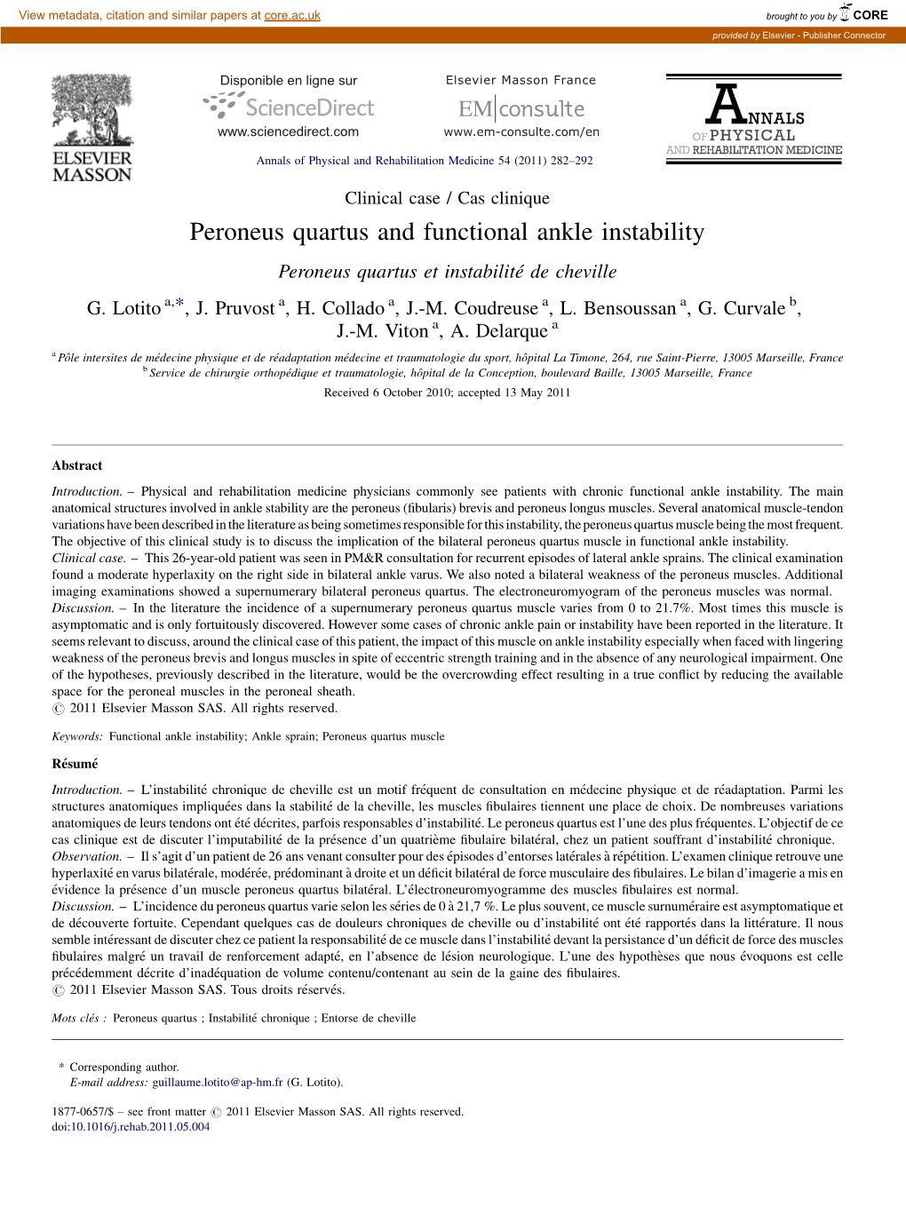 Peroneus Quartus and Functional Ankle Instability Peroneus Quartus Et Instabilité De Cheville G