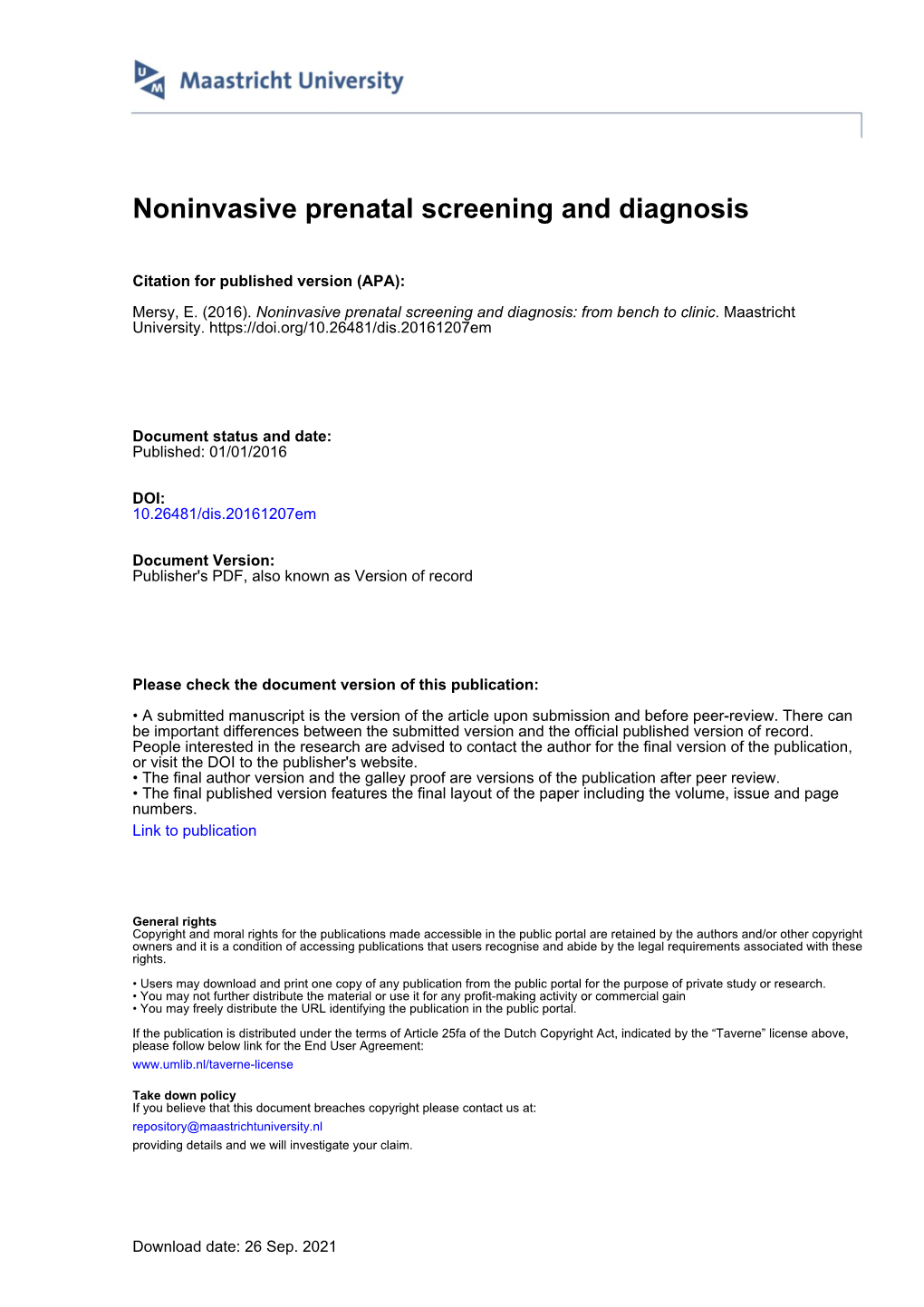 Noninvasive Prenatal Screening and Diagnosis