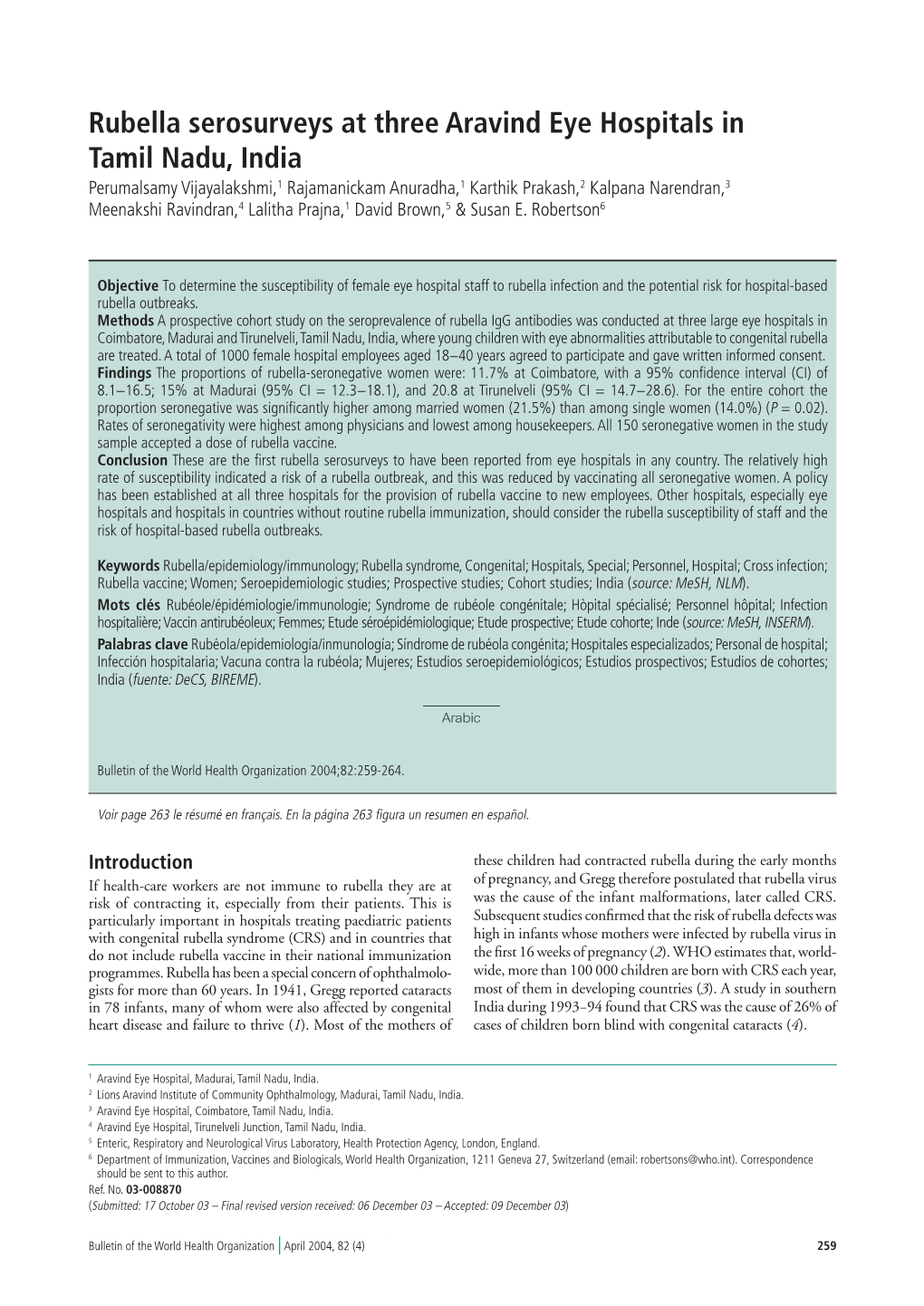 Rubella Serosurveys at Three Aravind Eye Hospitals in Tamil Nadu, India