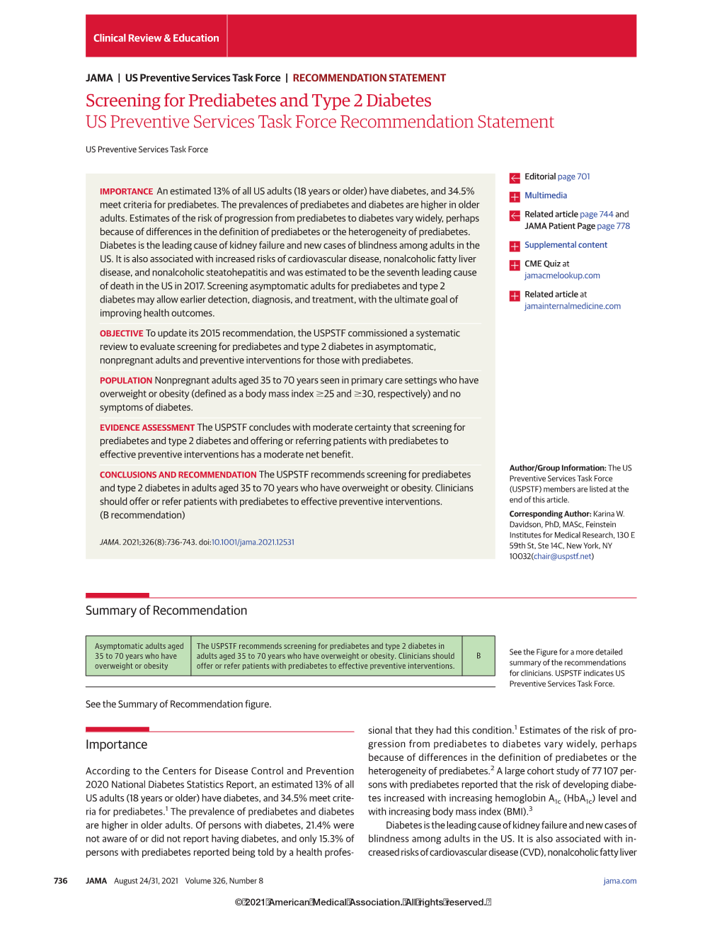 Screening for Prediabetes and Type 2 Diabetes: US Preventive Services