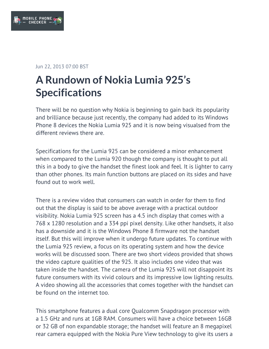 A Rundown of Nokia Lumia 925'S Specifications