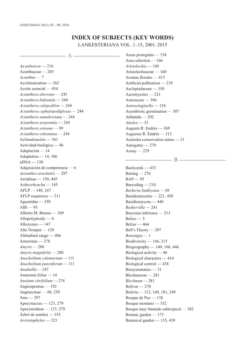 Index of Subjects (Key Words) Lankesteriana Vol