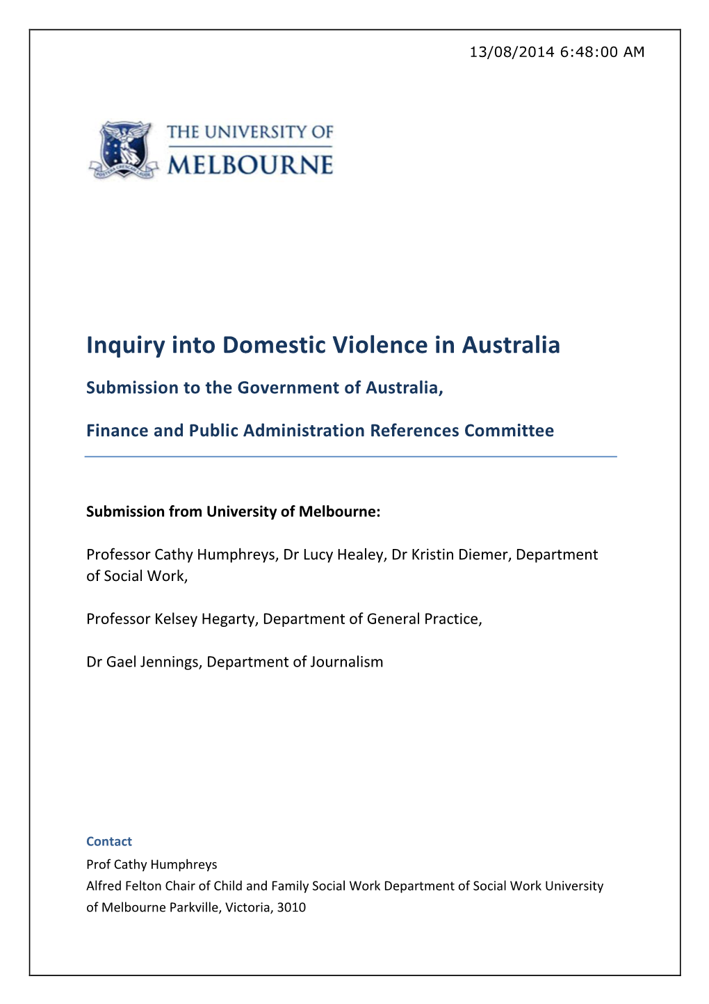 Inquiry Into Domestic Violence in Australia