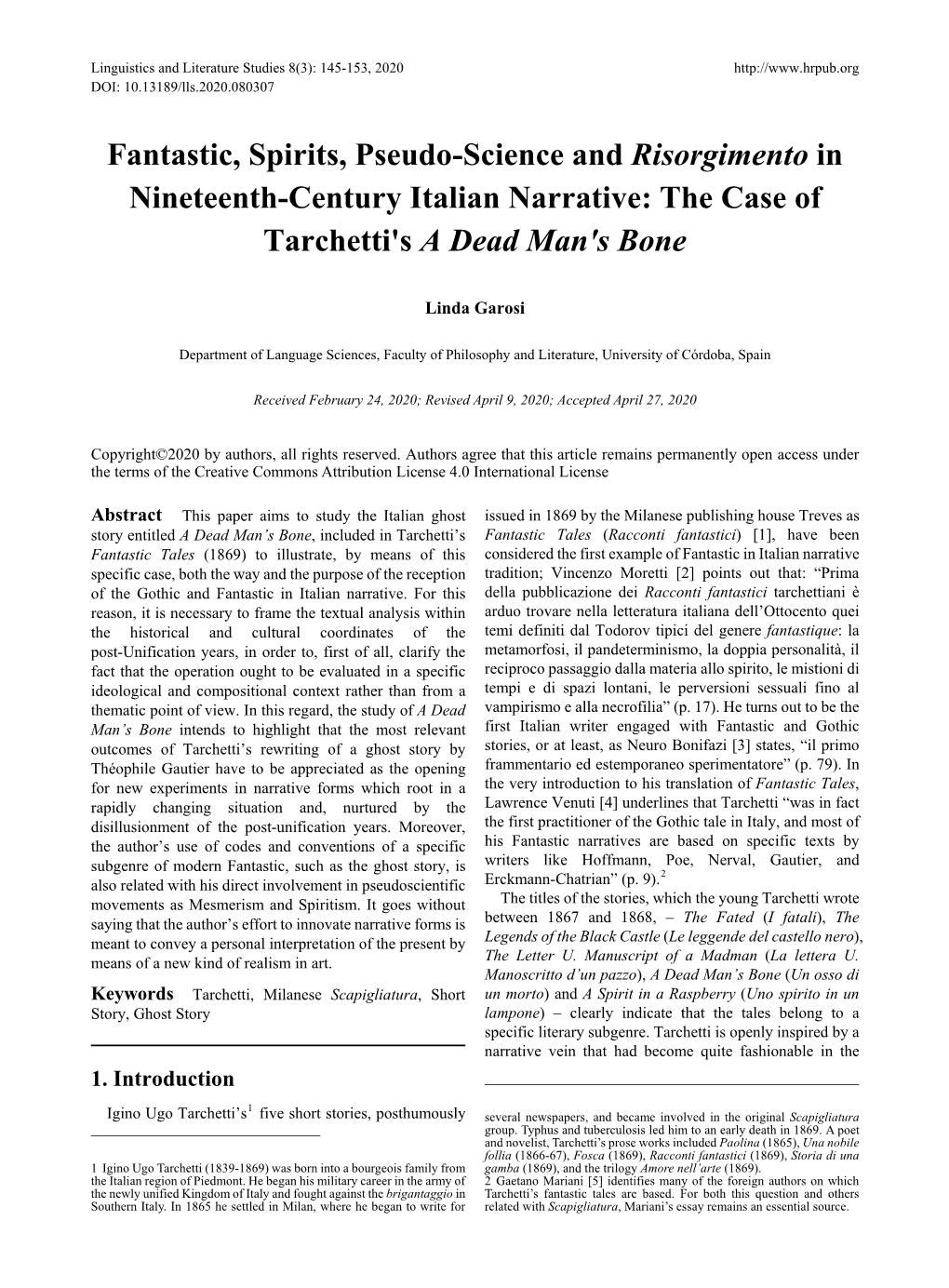 Fantastic, Spirits, Pseudo-Science and Risorgimento in Nineteenth-Century Italian Narrative: the Case of Tarchetti's a Dead Man's Bone