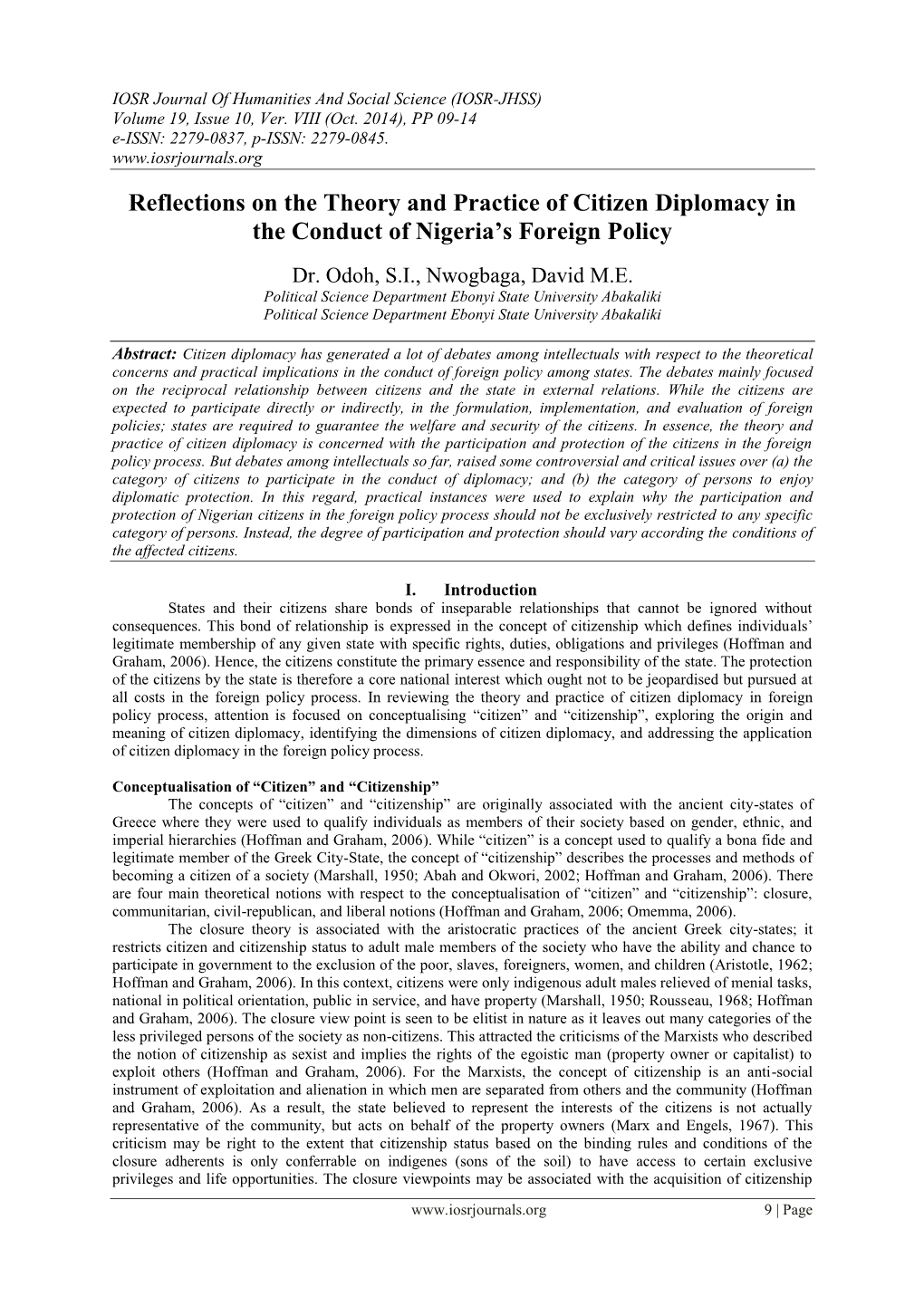 Reflections on the Theory and Practice of Citizen Diplomacy in the Conduct of Nigeria’S Foreign Policy