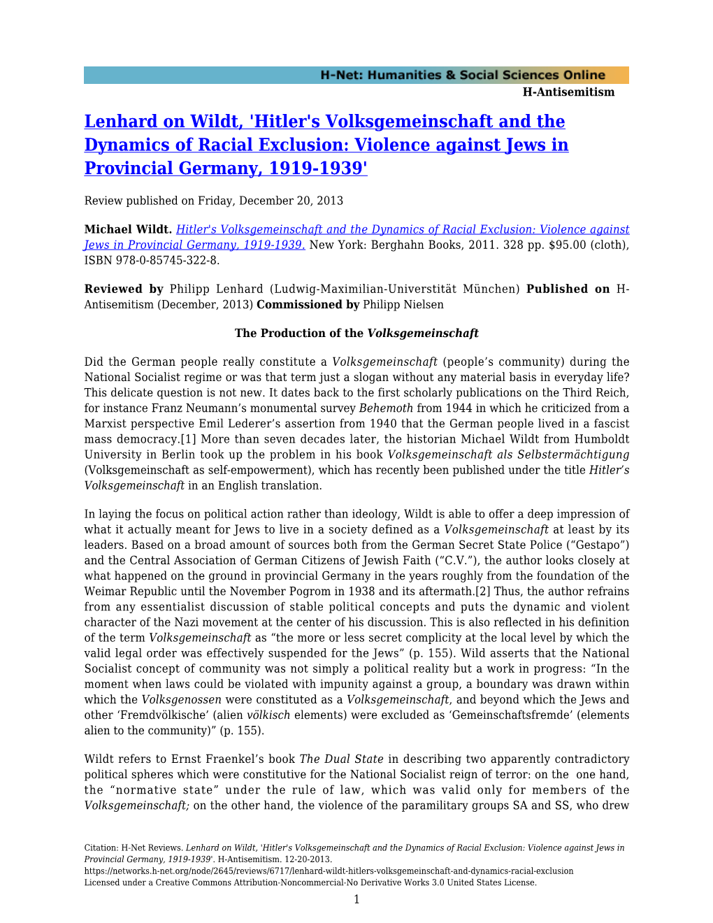 Lenhard on Wildt, 'Hitler's Volksgemeinschaft and the Dynamics of Racial Exclusion: Violence Against Jews in Provincial Germany, 1919-1939'