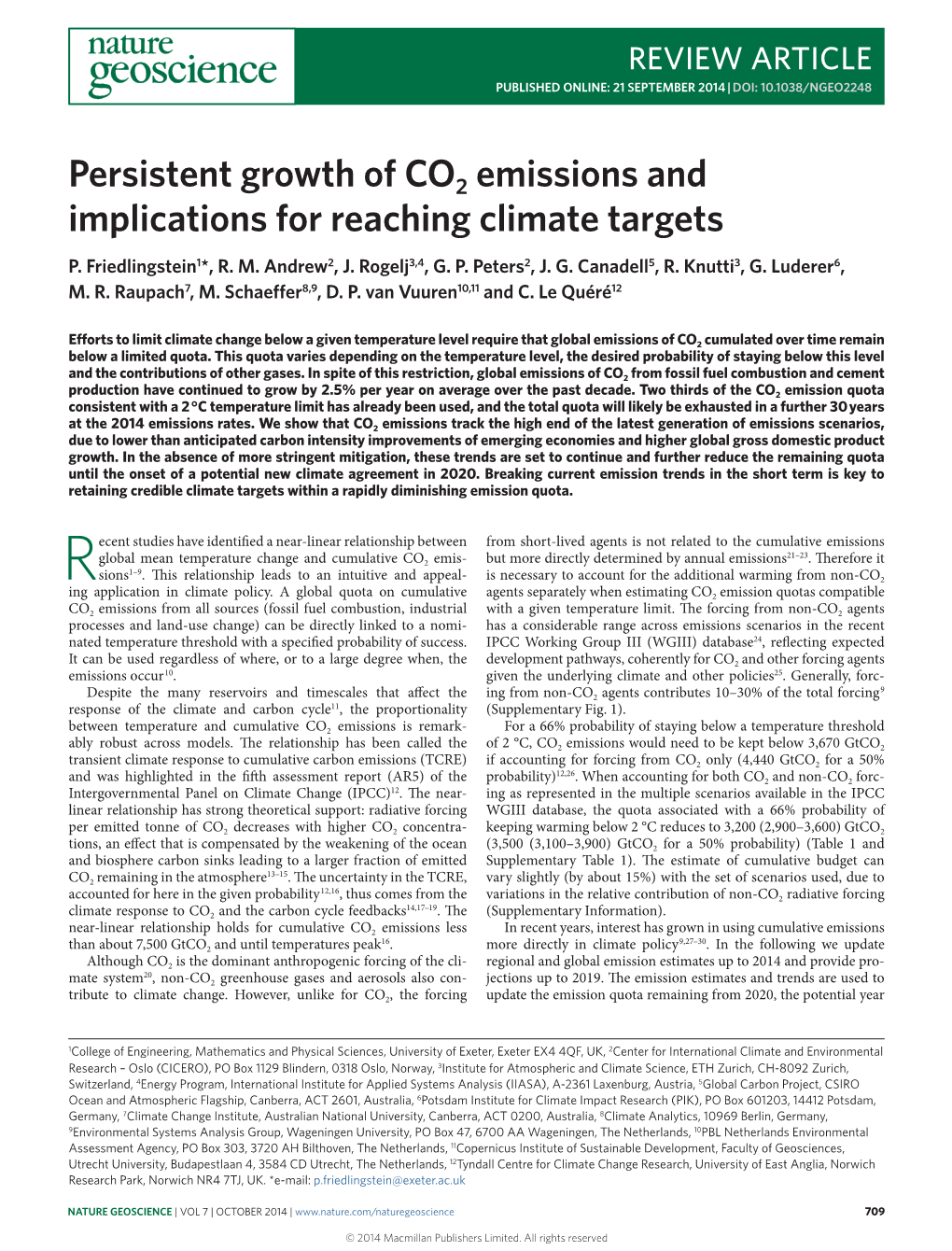 Persistent Growth of CO2 Emissions and Implications for Reaching Climate Targets P