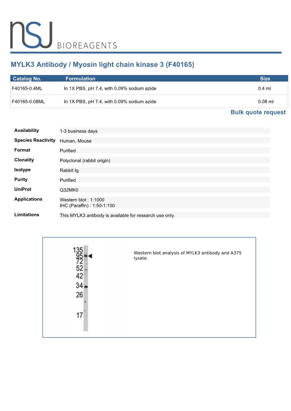 MYLK3 Antibody / Myosin Light Chain Kinase 3 (F40165)