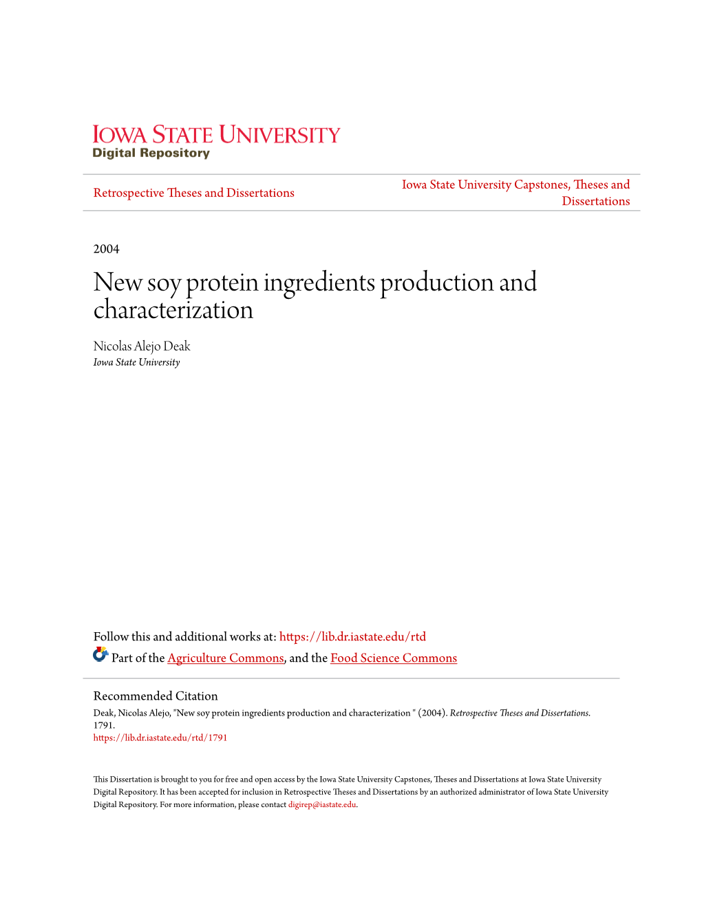 New Soy Protein Ingredients Production and Characterization Nicolas Alejo Deak Iowa State University