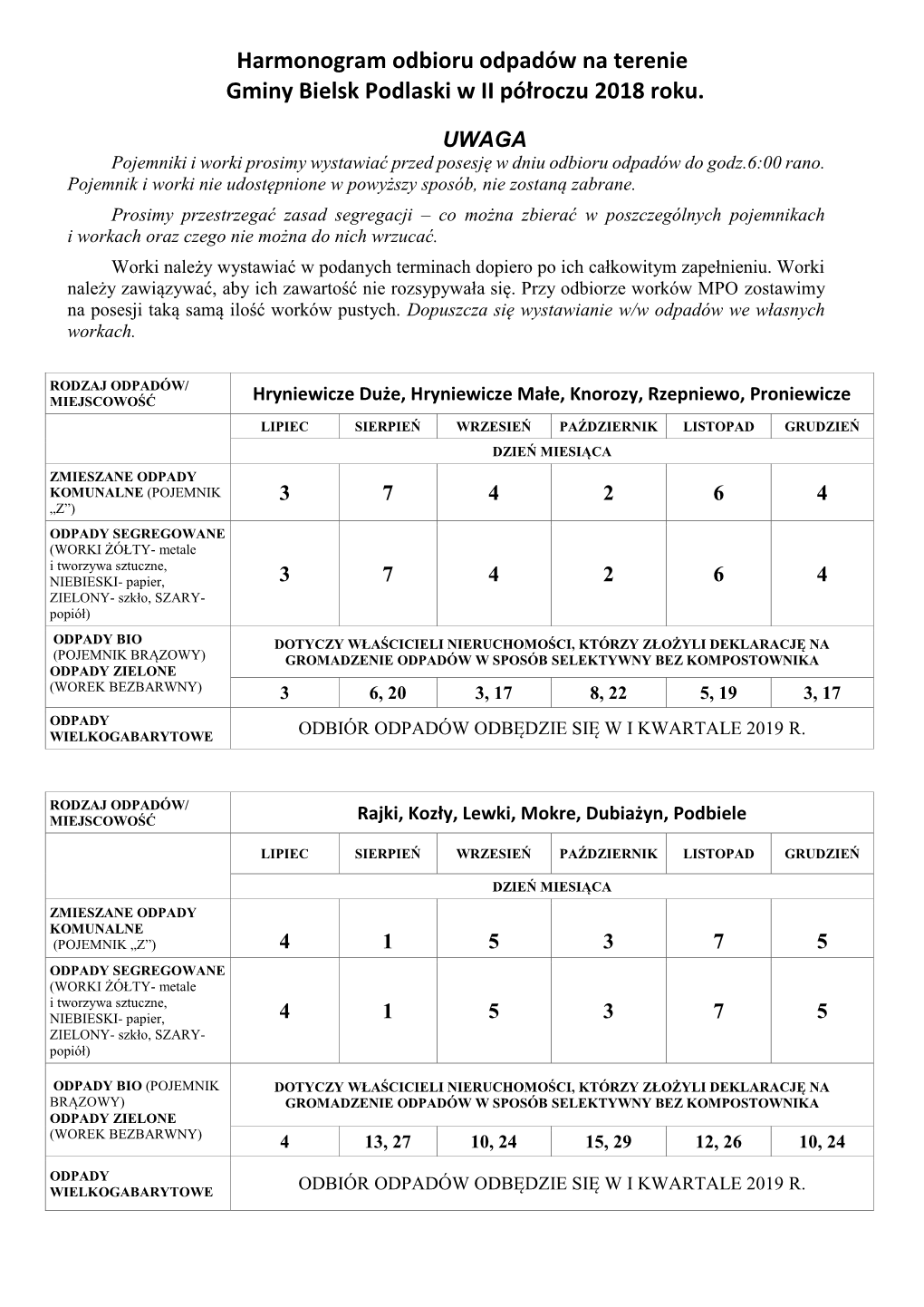 Harmonogram Odbioru Odpadów Na Terenie Gminy Bielsk Podlaski W II Półroczu 2018 Roku