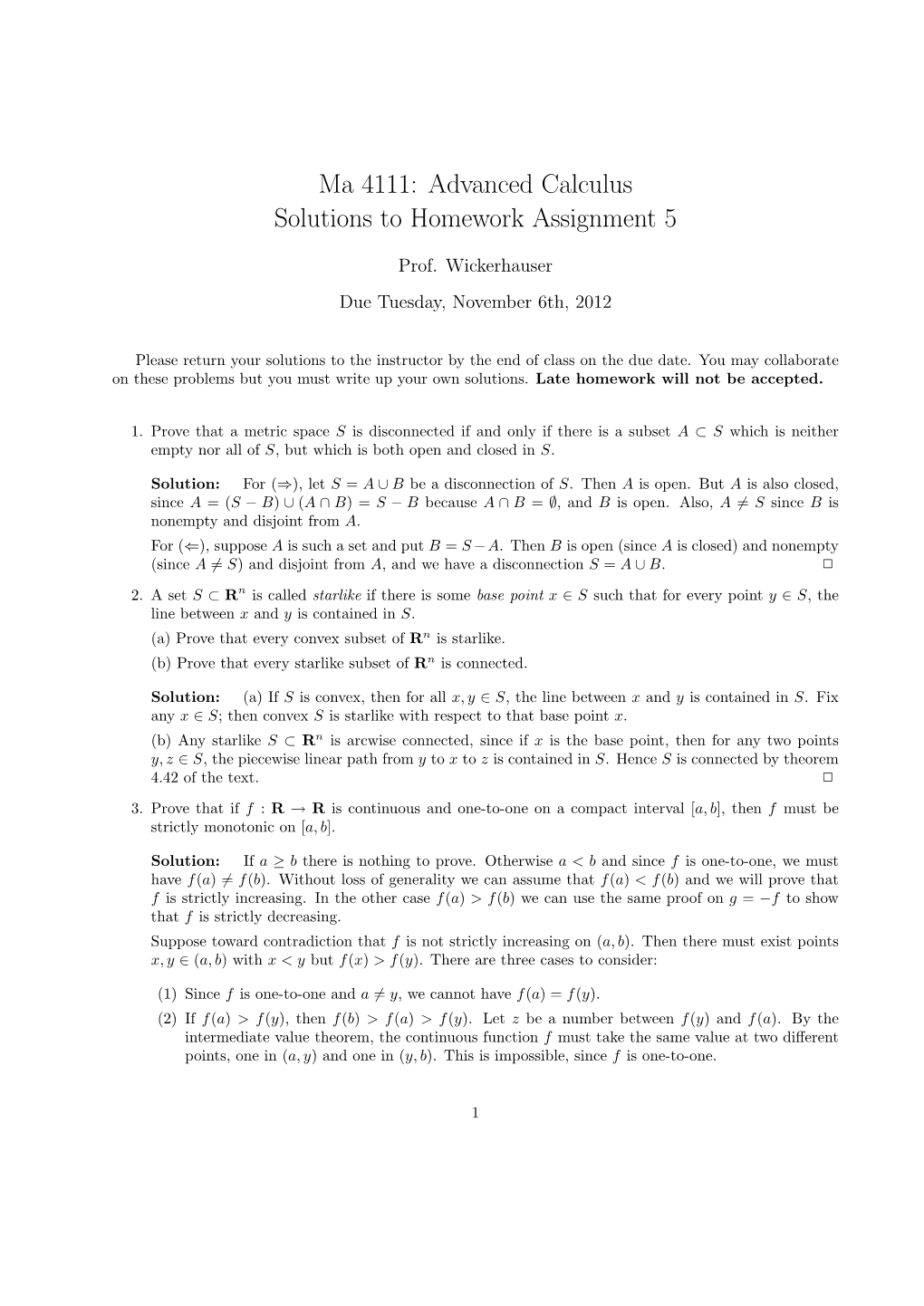 Ma 4111: Advanced Calculus Solutions to Homework Assignment 5