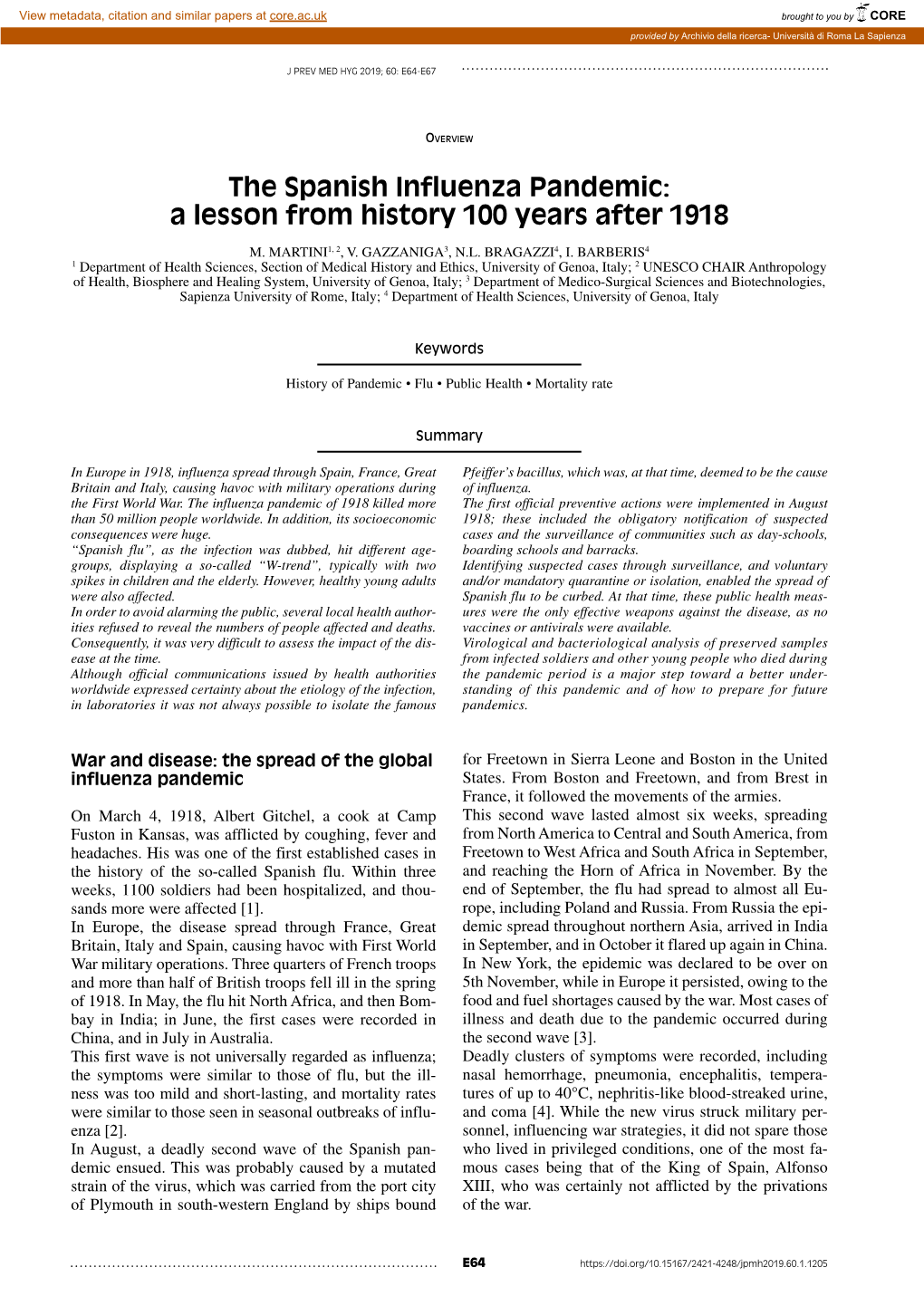 The Spanish Influenza Pandemic: a Lesson from History 100 Years After 1918