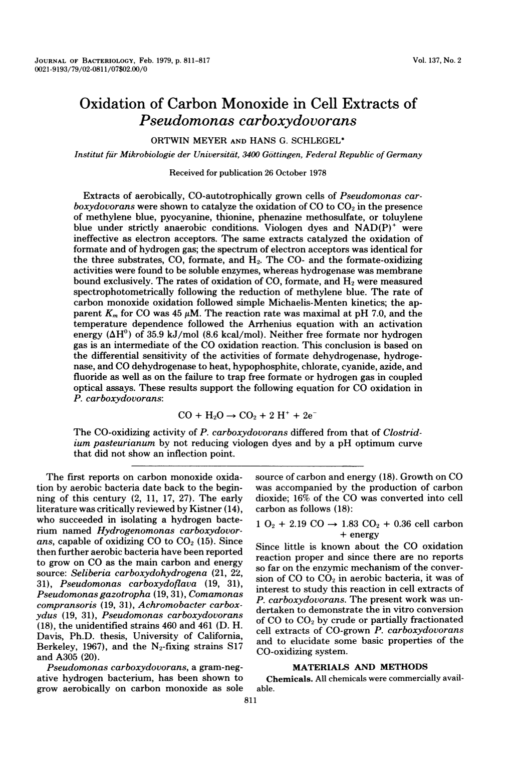 Oxidation of Carbon Monoxide in Cell Extracts of Pseudomonas Carboxydovorans