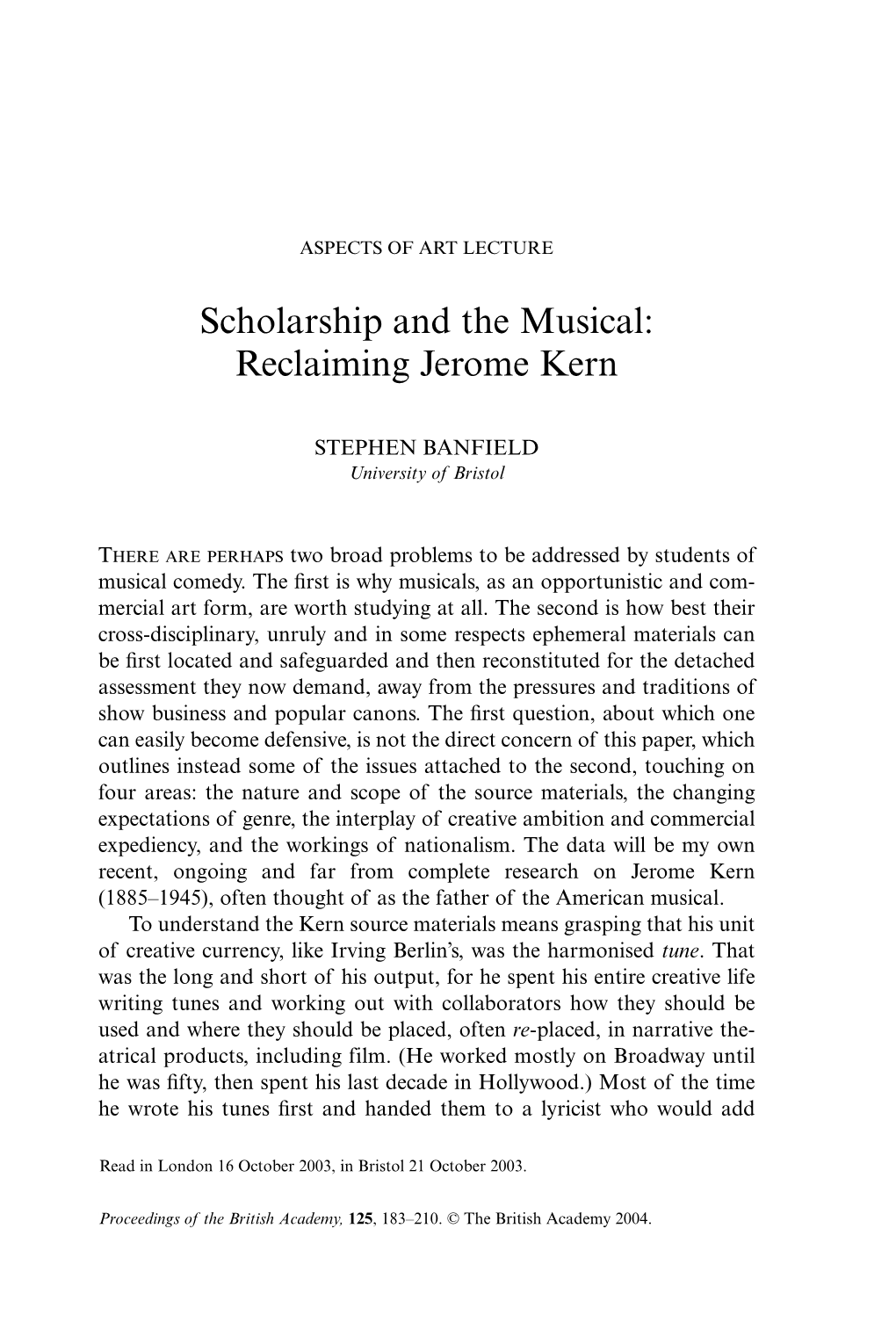 Scholarship and the Musical: Reclaiming Jerome Kern