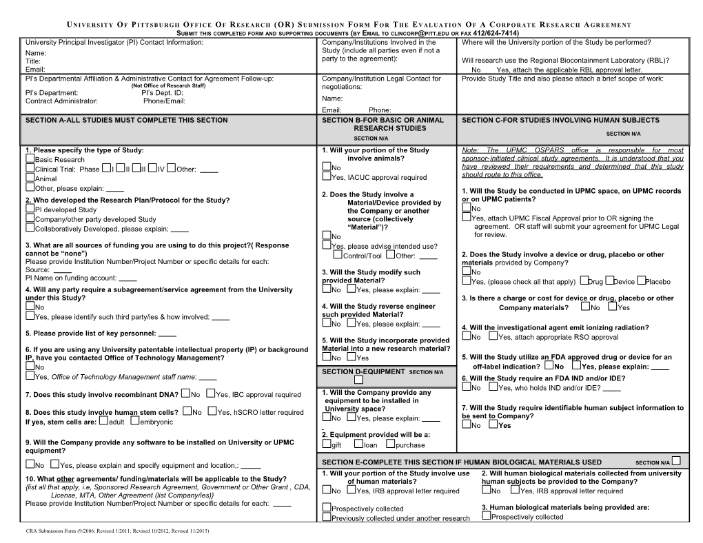 University of Pittsburgh Office of Research (Or)Submission Form for the Evaluation of A