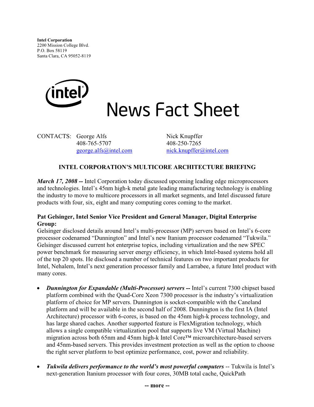 Intel Corporation's Multicore Architecture Briefing
