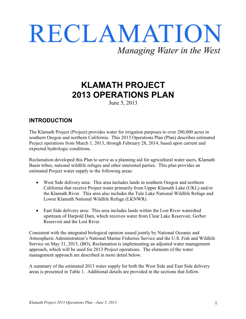 KLAMATH PROJECT 2013 OPERATIONS PLAN June 5, 2013