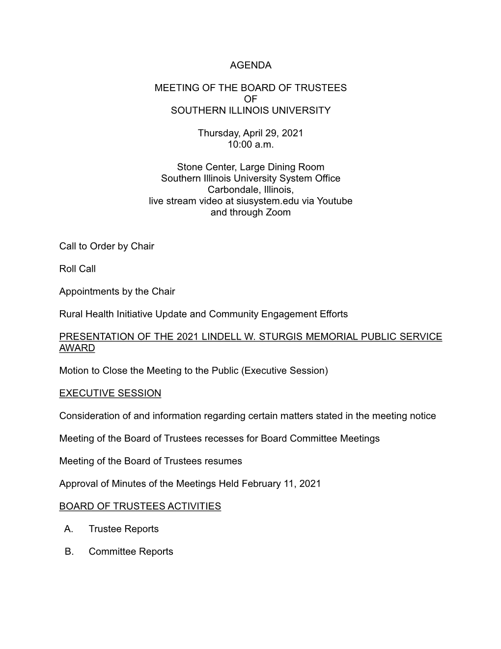 Agenda Meeting of the Board of Trustees of Southern