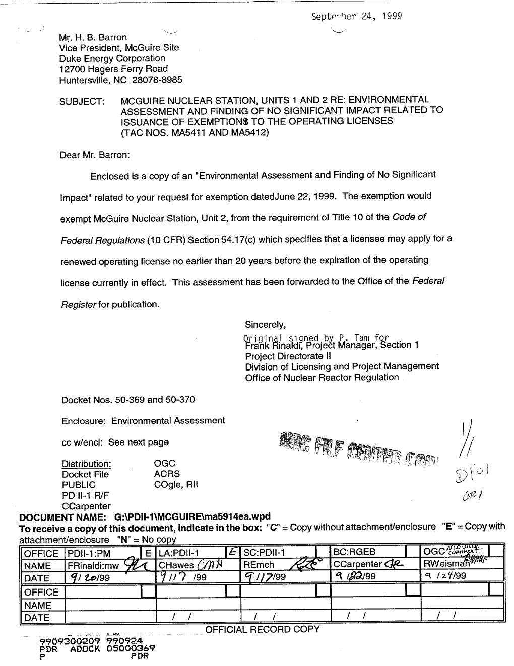 Mcguire Nuclear Station, Units 1 & 2, Environmental Assessment and Finding of No Significant Impact Related to Issuance of E