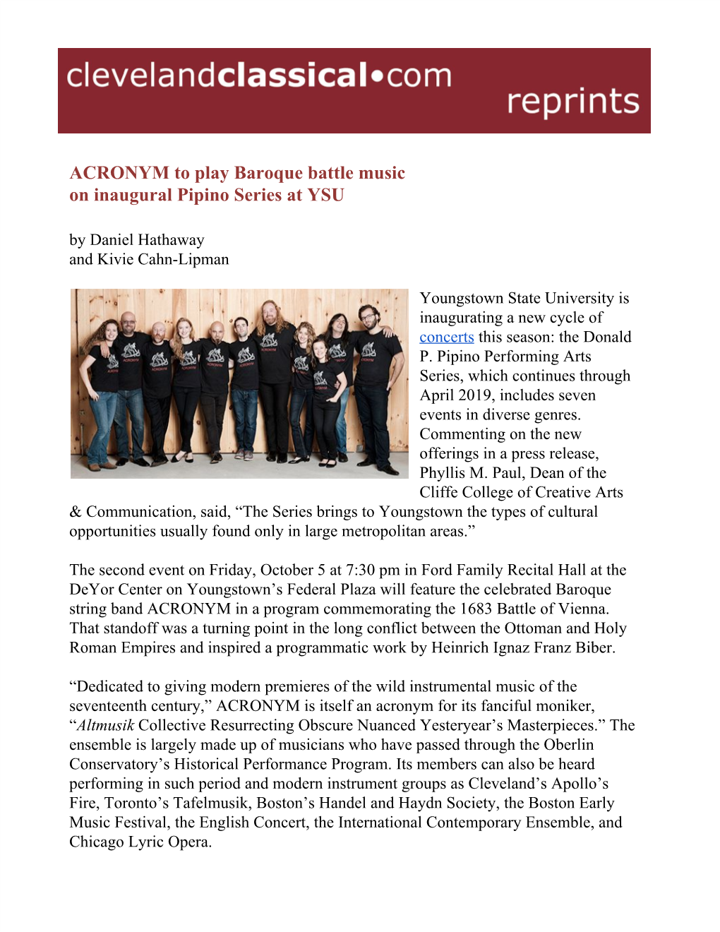 ACRONYM to Play Baroque Battle Music on Inaugural Pipino Series at YSU by Daniel Hathaway and Kivie Cahn-Lipman