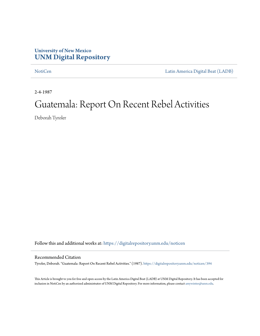 Guatemala: Report on Recent Rebel Activities Deborah Tyroler