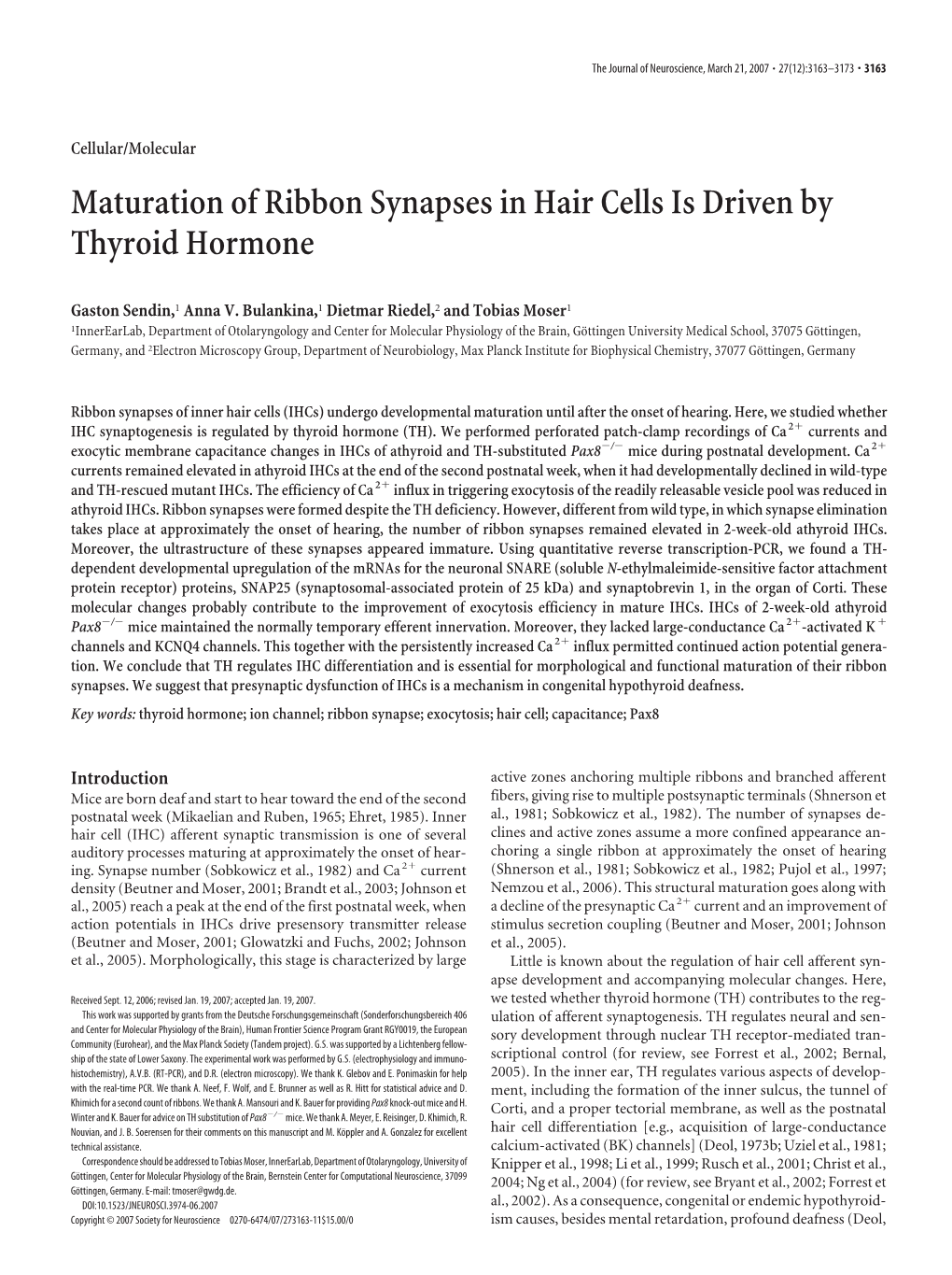 Maturation of Ribbon Synapses in Hair Cells Is Driven by Thyroid Hormone