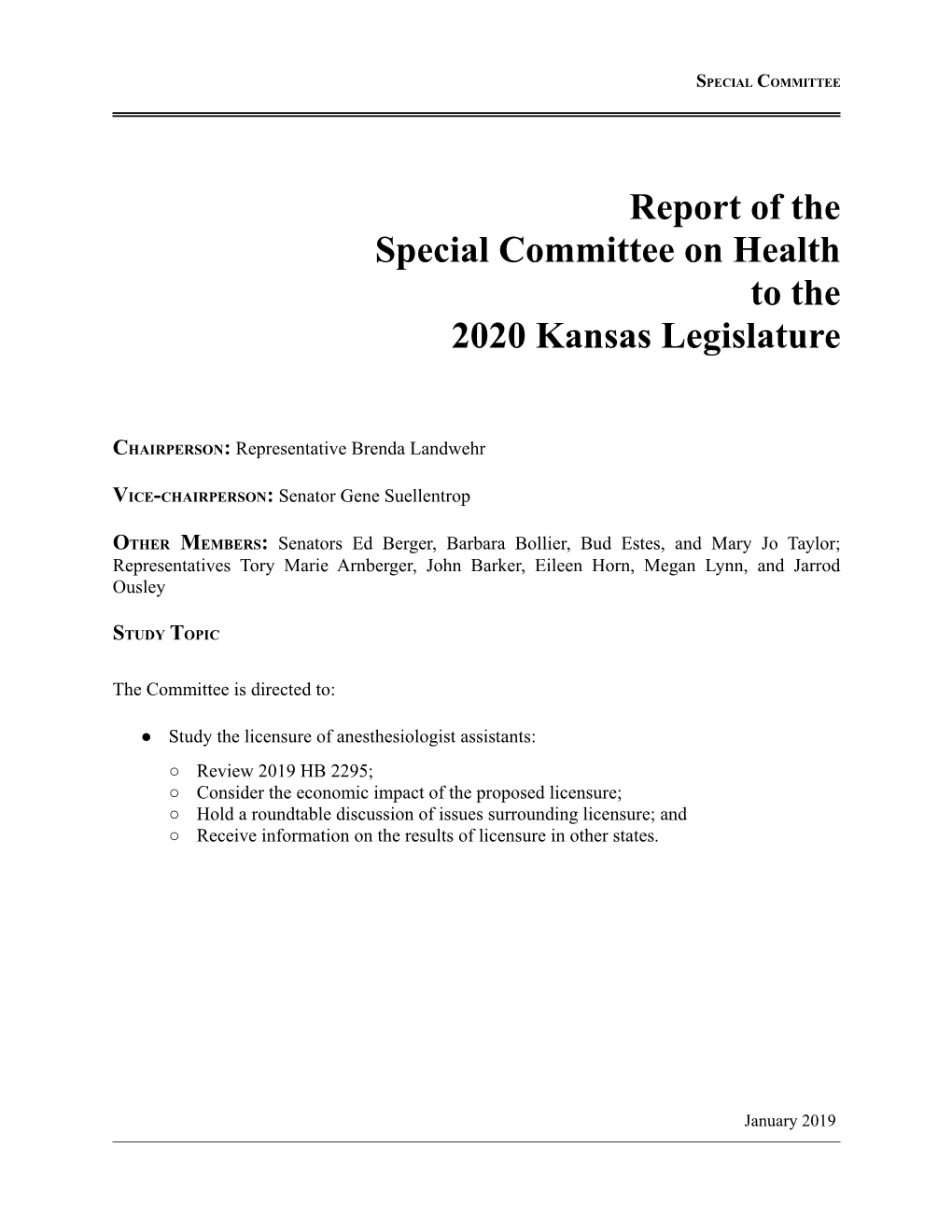 Report of the Special Committee on Health to the 2020 Kansas Legislature