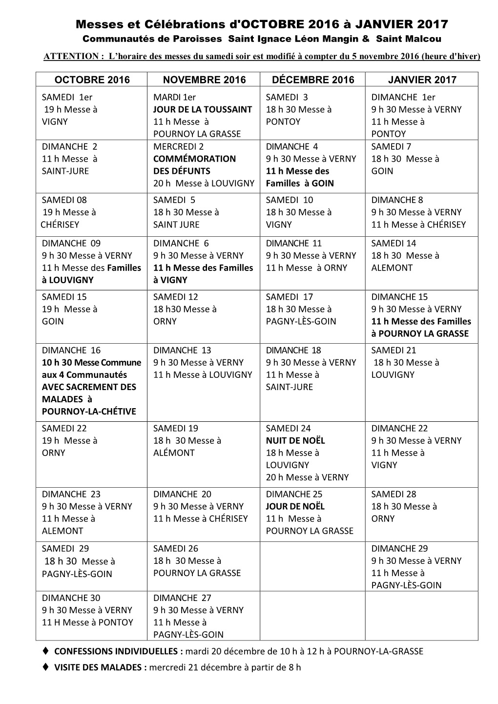 Messes Et Célébrations D'octobre 2016 À JANVIER 2017