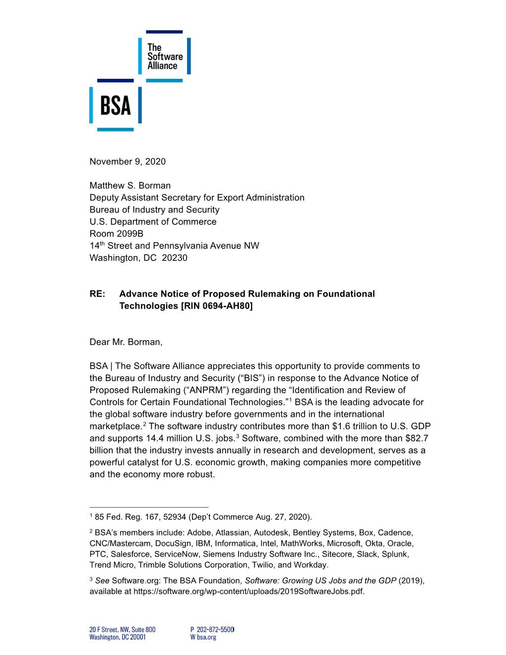 BSA Submission Regarding Potential Export Controls on Foundational