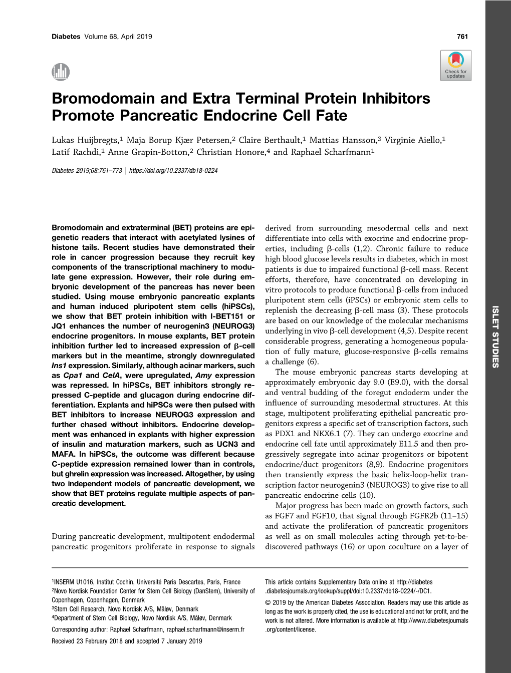 Bromodomain and Extra Terminal Protein Inhibitors Promote Pancreatic Endocrine Cell Fate
