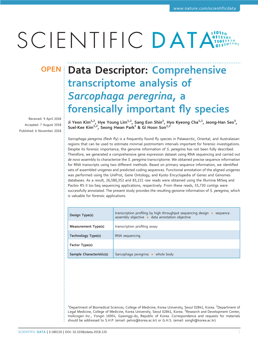 Comprehensive Transcriptome Analysis of Sarcophaga Peregrina, a Forensically Important Fly Species