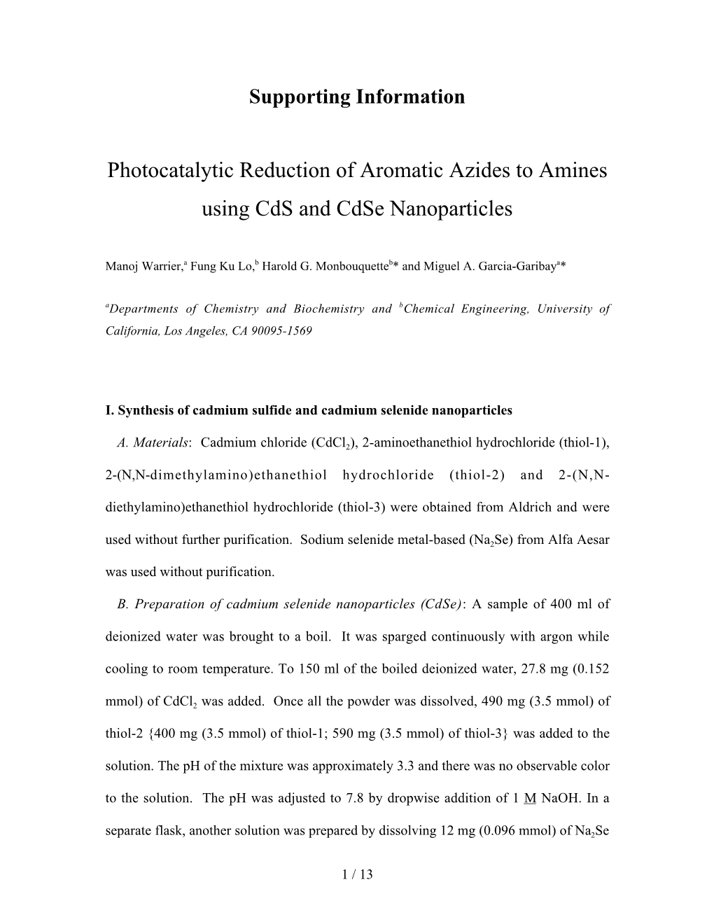 Photocatalytic Reduction of Aromatic Azides to Amines Using Cds and Cdse Nanoparticles