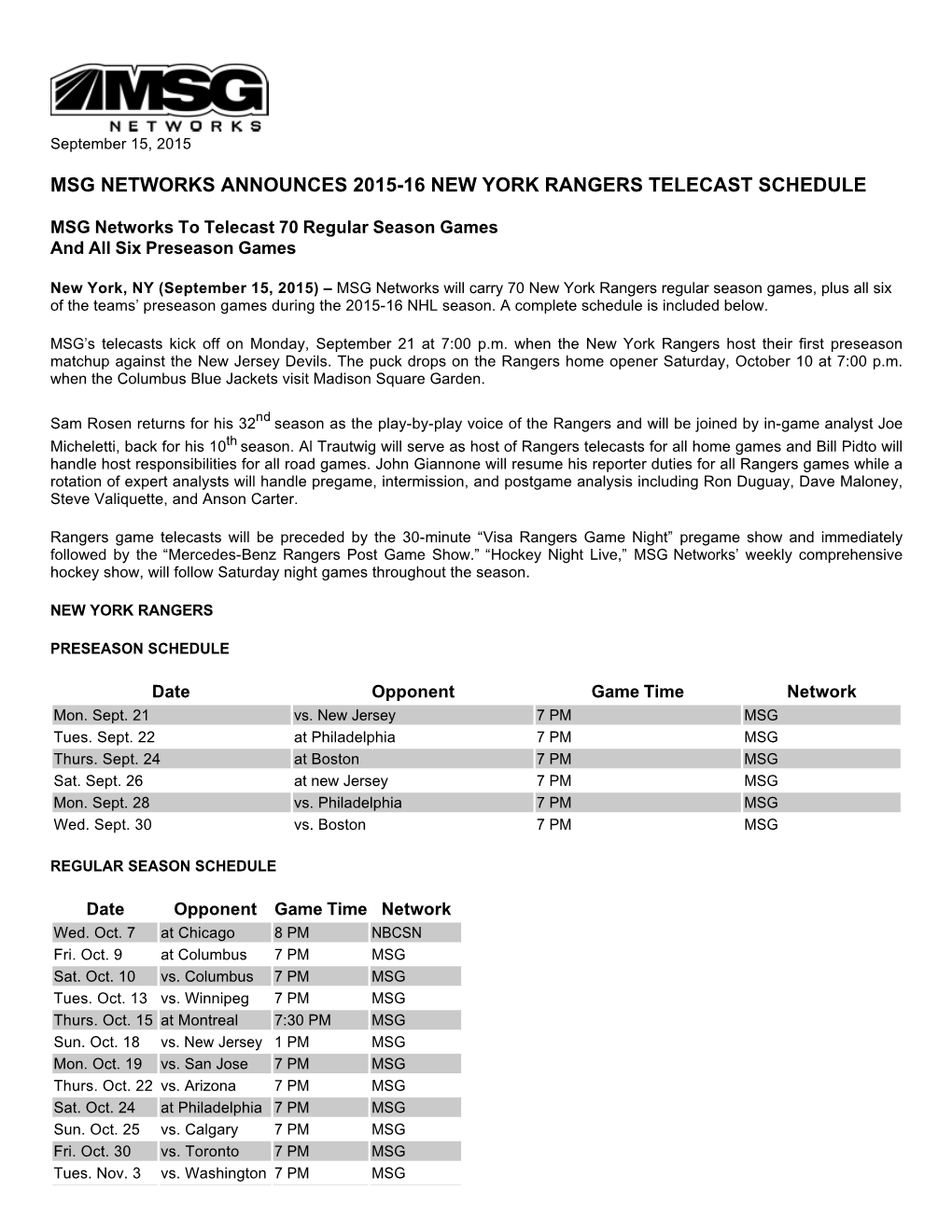 Msg Networks Announces 2015-16 New York Rangers Telecast Schedule