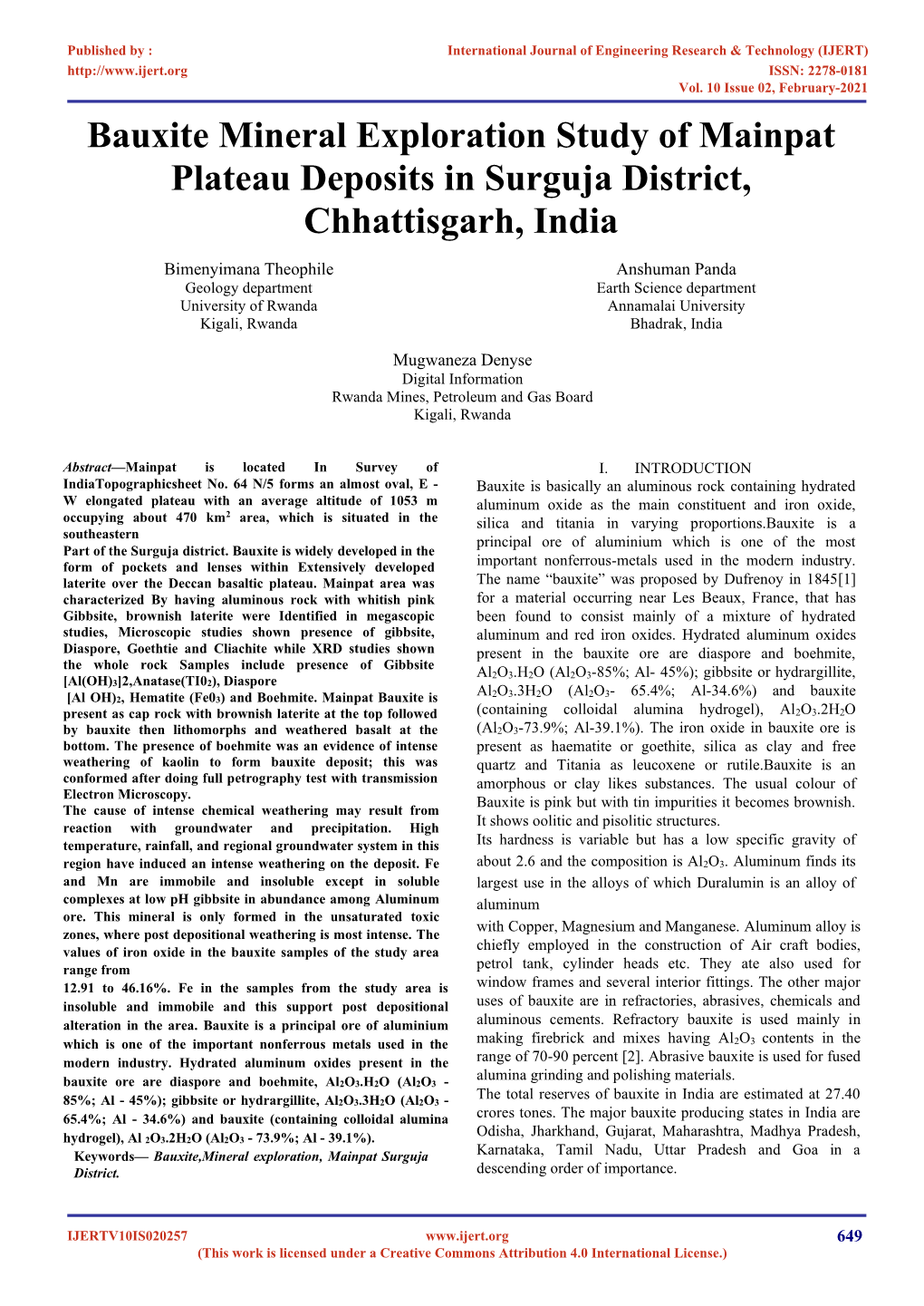 Bauxite Mineral Exploration Study of Mainpat Plateau Deposits in Surguja District, Chhattisgarh, India