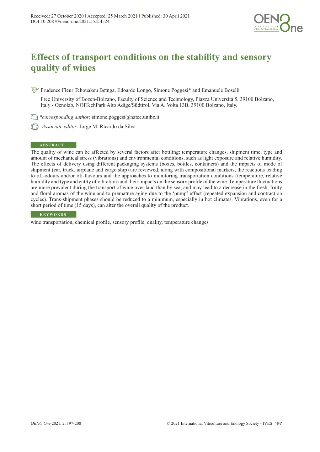 Effects of Transport Conditions on the Stability and Sensory Quality of Wines