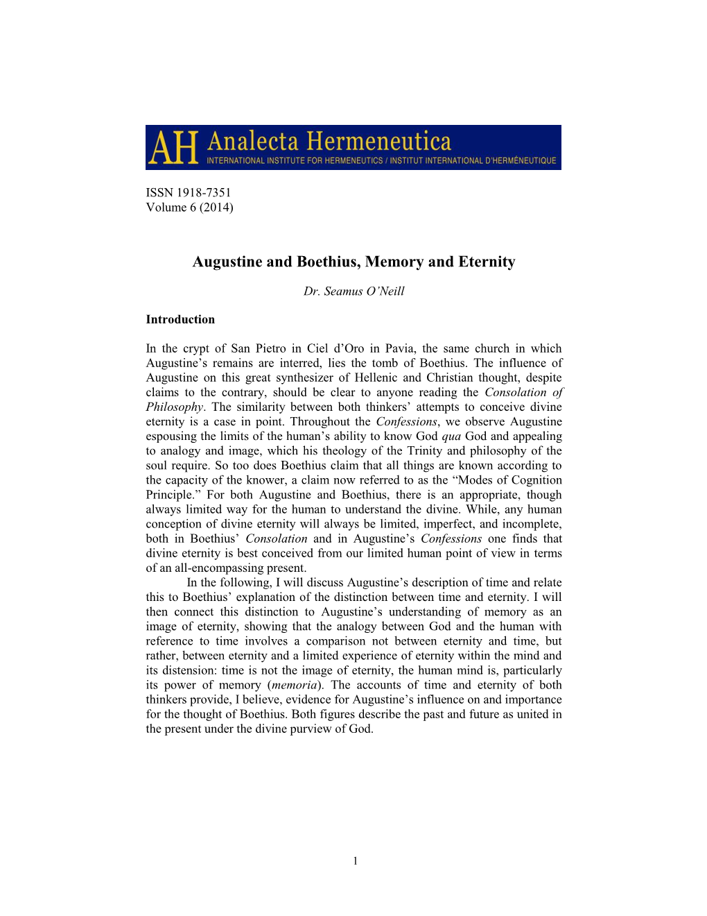 Augustine and Boethius, Memory and Eternity