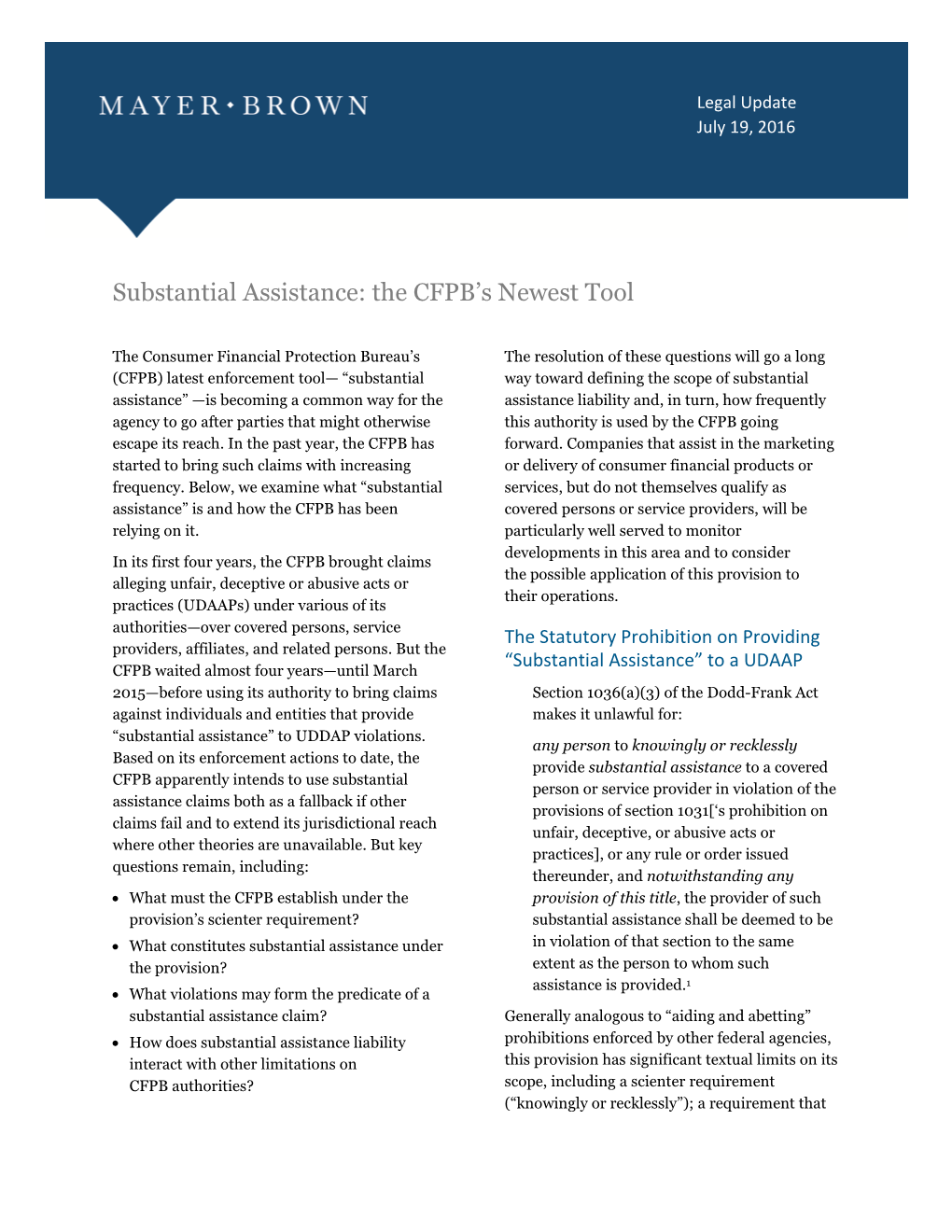 Substantial Assistance: the CFPB's Newest Tool