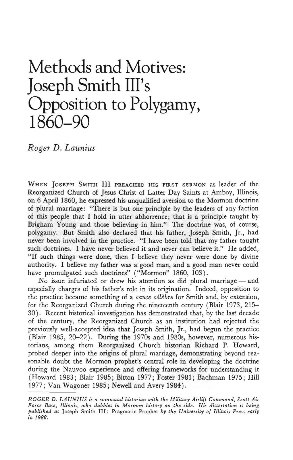 Joseph Smith Ill's Opposition to Polygamy, 1860-90