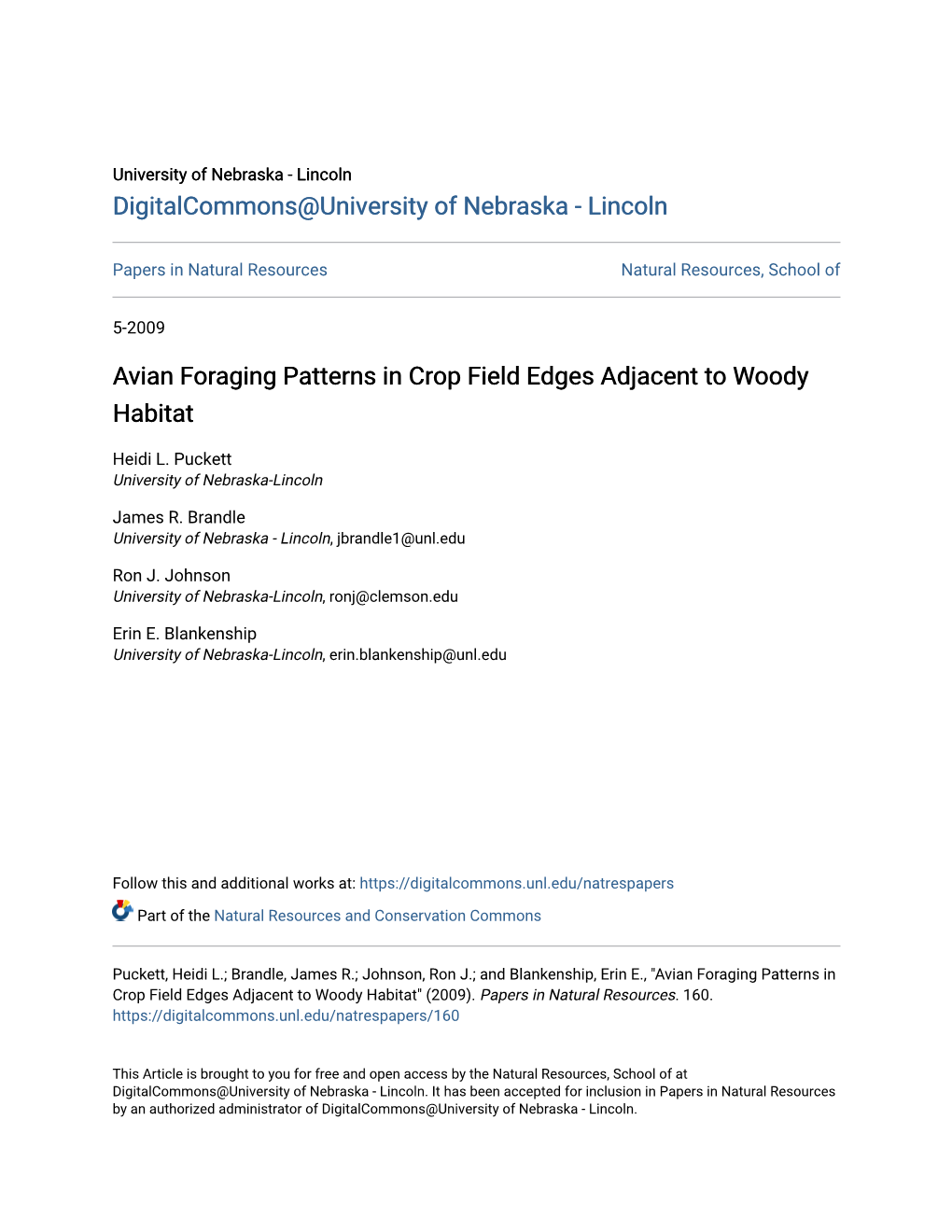 Avian Foraging Patterns in Crop Field Edges Adjacent to Woody Habitat