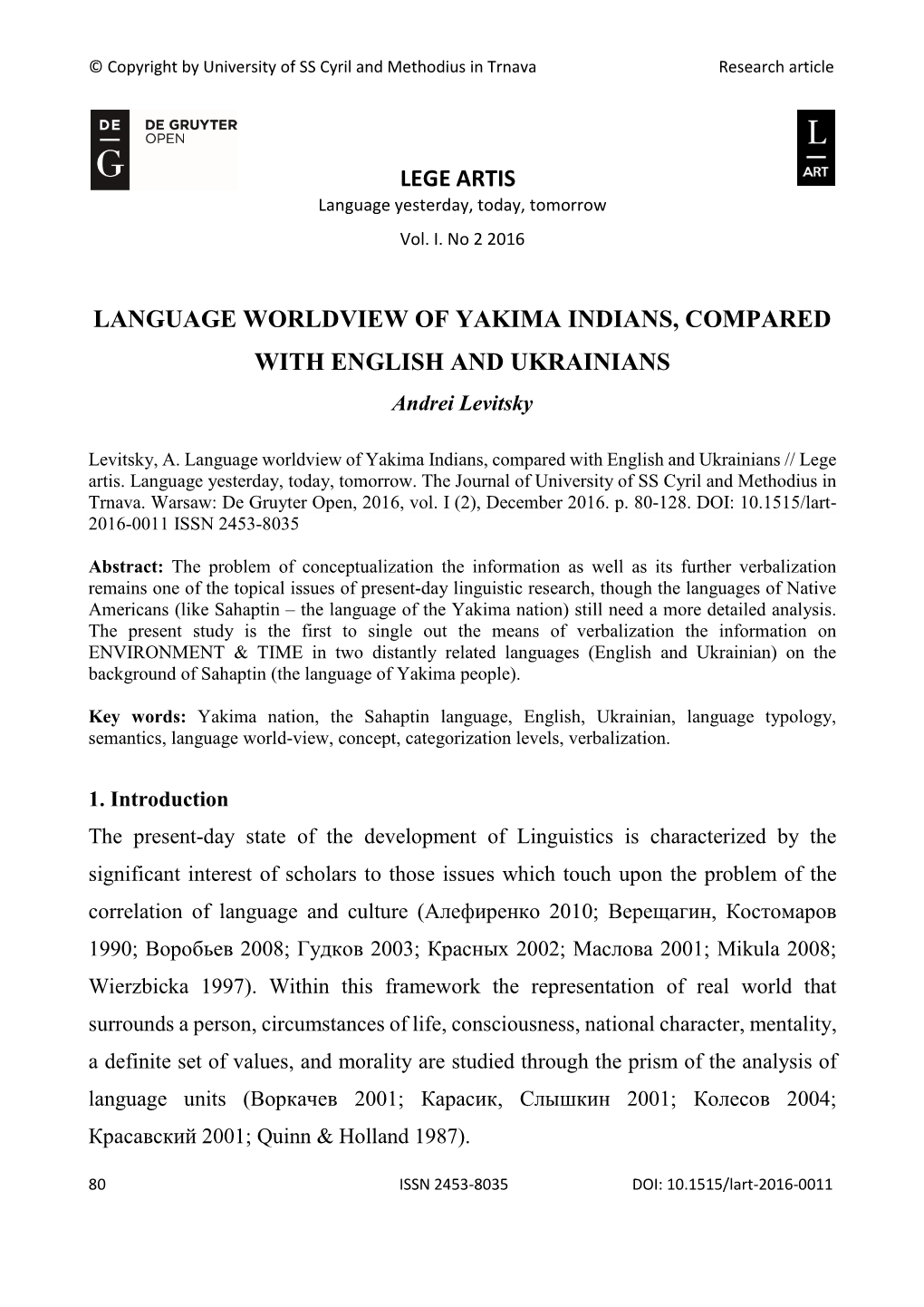 LANGUAGE WORLDVIEW of YAKIMA INDIANS, COMPARED with ENGLISH and UKRAINIANS Andrei Levitsky